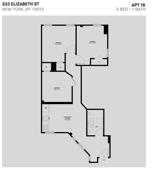 Floor plan for 3 beds, 1 bath, 467 sqft